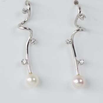 Sterling Silver/CZ Freshwater Pearl Twist Drop Earrings